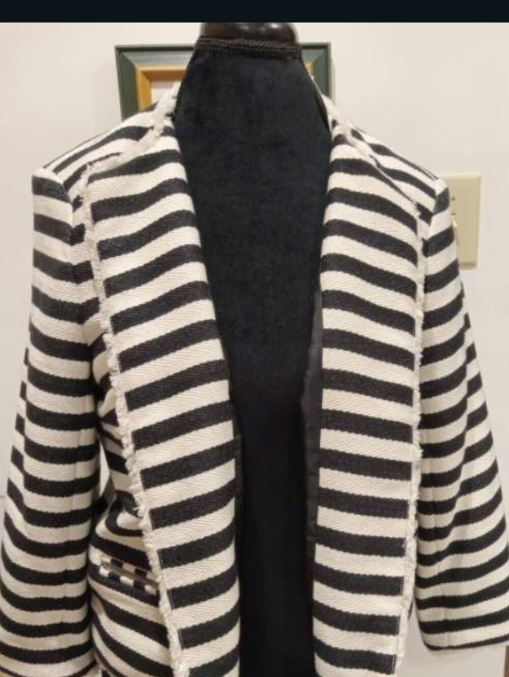 Women's Black and White Striped Open-Front Sweater Jacket